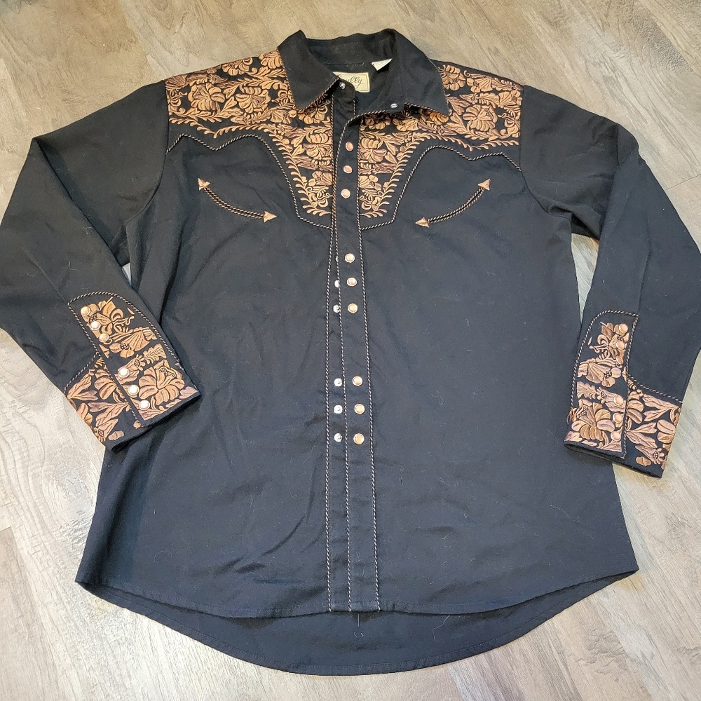 Scully Western Shirt Mens Long Sleeve Embroidered Black Peach Pearl Snap LARGE